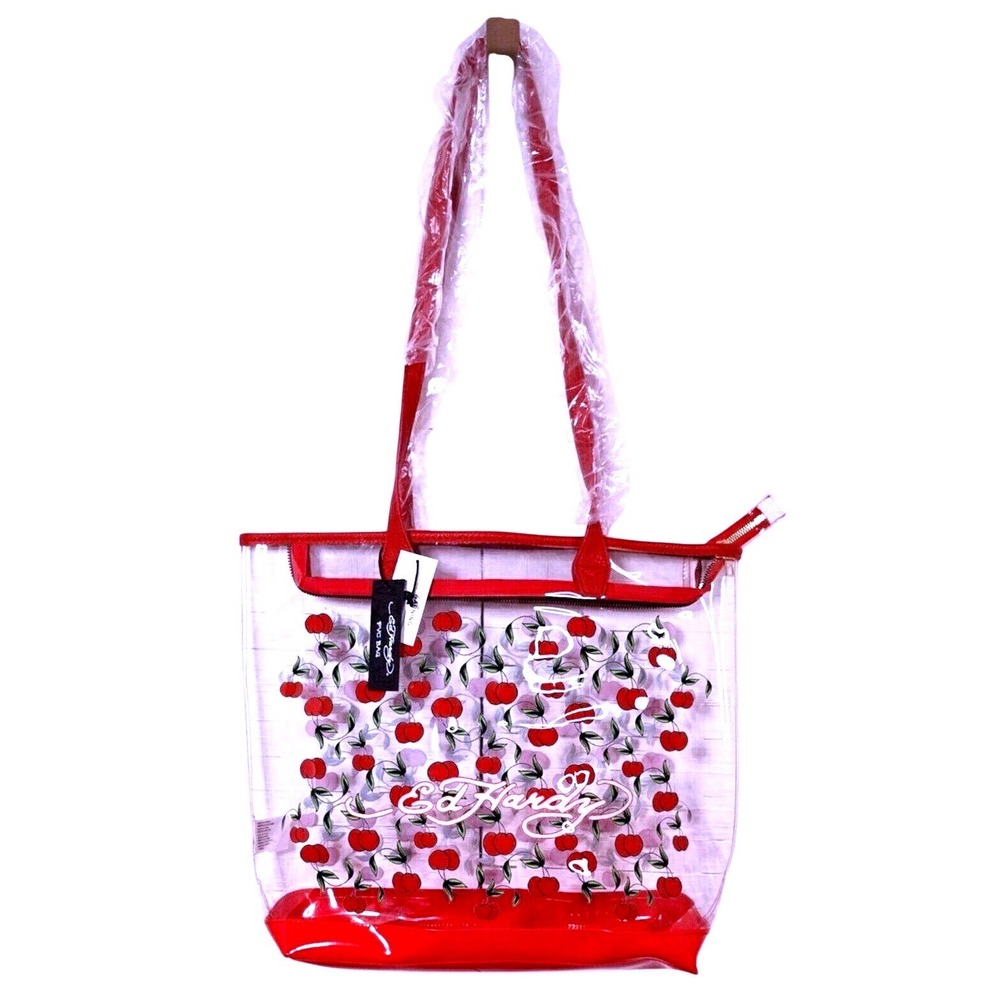 Ed Hardy Red‎ Cherries Clear PVC Tote Bag Y2K Logo Stadium Shoulder Bag